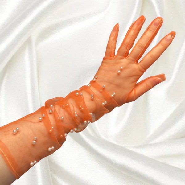 ORANGE pearl tulle bridal gloves, mesh opera length long bridal, costume gloves, pearls on gloves, outfit hen do wedding bride to be