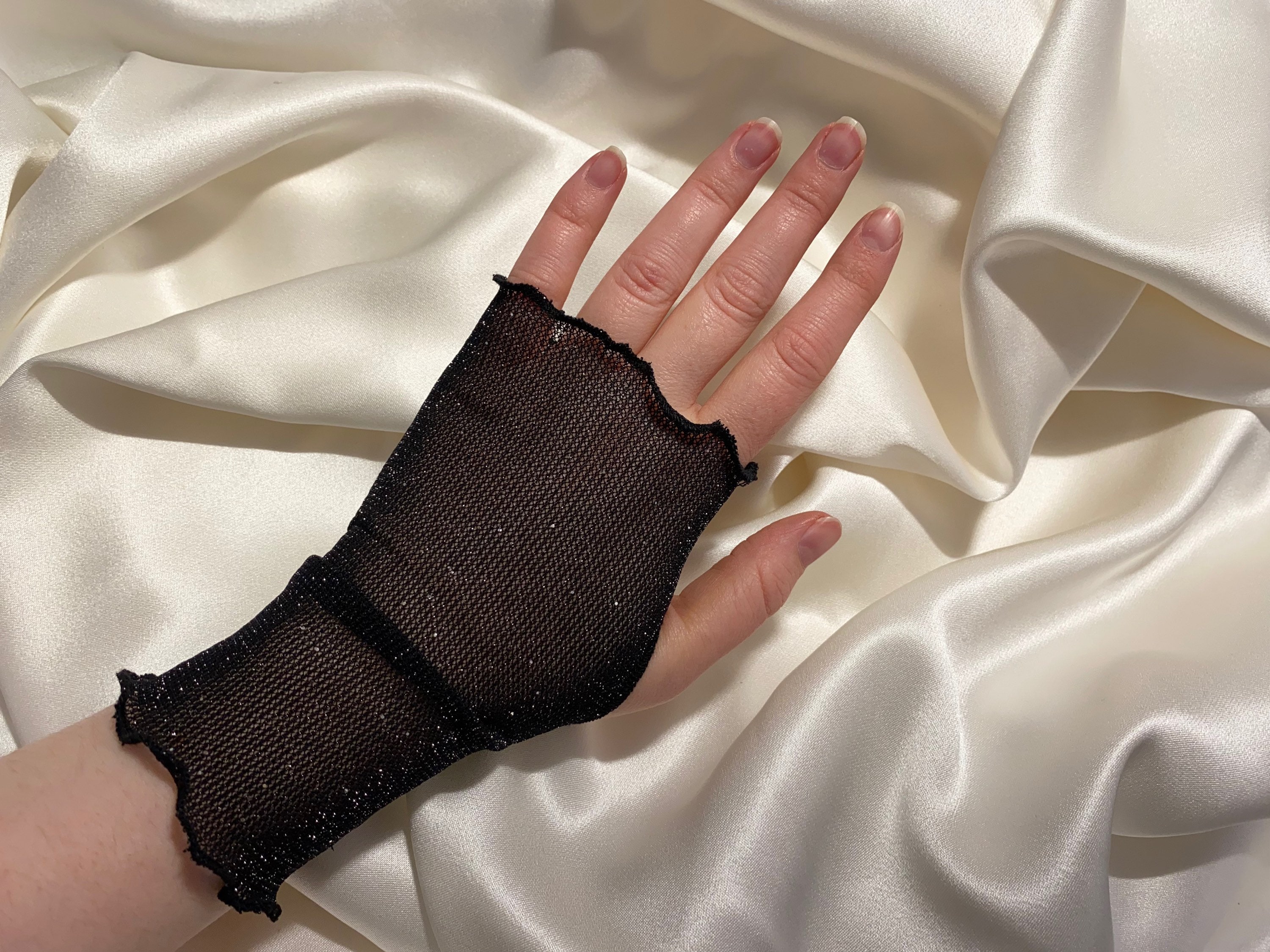 Buy SHORT BLACK Glitter Mesh Thumb Hole Sleeves Gloves, Wrist Fingerless,  Sheer Cosplay Costume Gloves Hen Party Outfit Gothic Goth Arm Cover Online  in India 