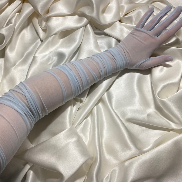 Ruched LIGHT BLUE extreme length over elbow length semi sheer gloves, very long bridal cosplay costume gloves dress tights stretch gift