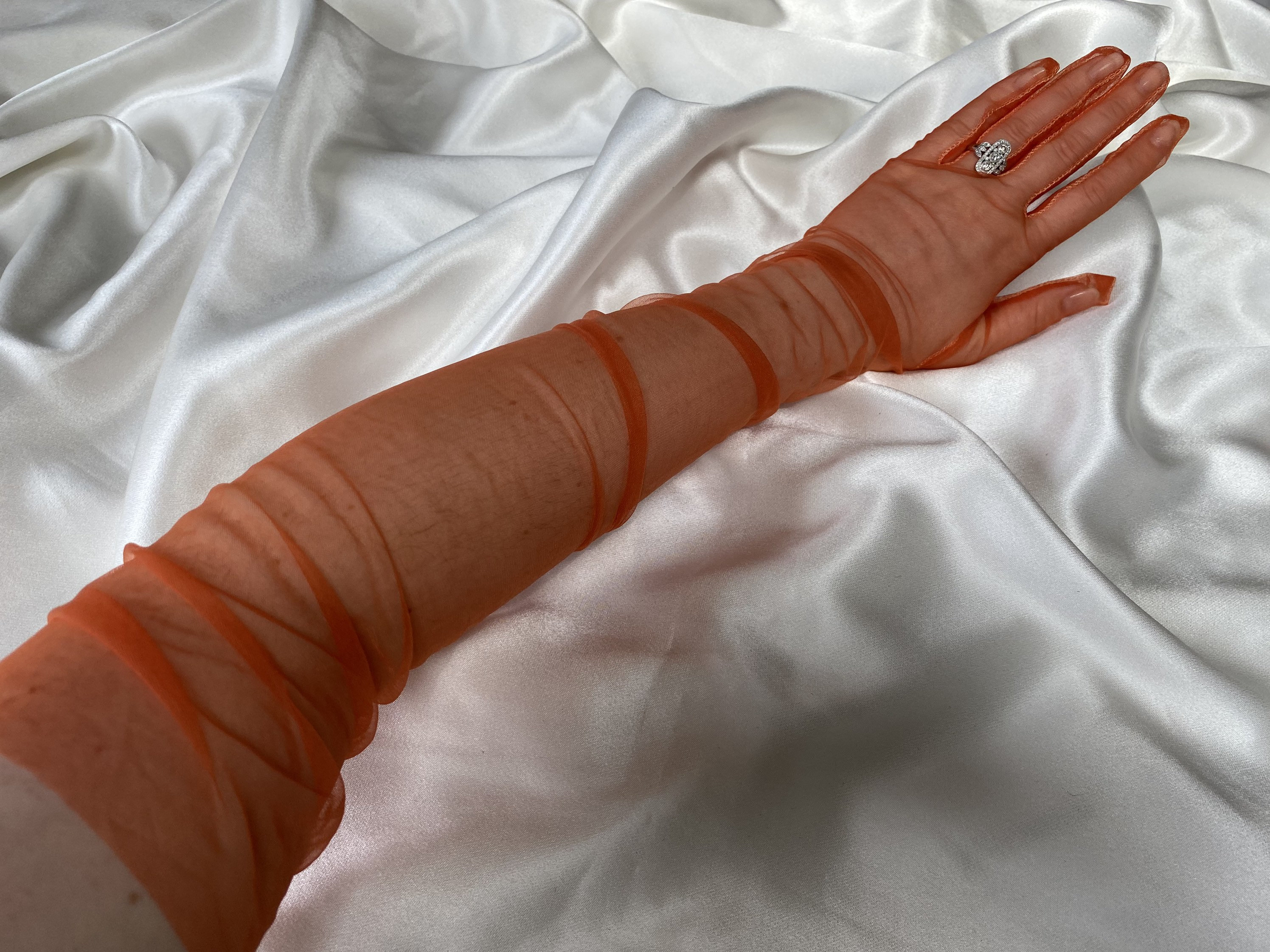 BURNT ORANGE Tulle Gloves Mesh Over Elbow Length Sheer Opera Very