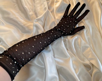 DIAMANTÉ BLACK opera over elbow length semi sheer gloves, long bridal cosplay costume gloves hen party outfit hen do dress tights stretch