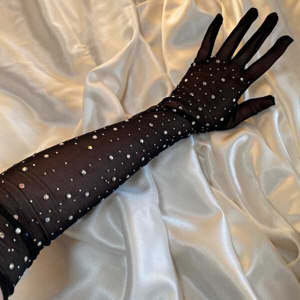 Gants semi-transparents DIAMANTÉ BLACK opéra sur les coudes, longs gants de costume de cosplay de mariée tenue de fête de poule EVJF, collants habillés extensibles