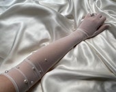 White pearl opera over elbow length semi sheer gloves, long bridal cosplay costume gloves hen party outfit hen do Christmas dress stretch