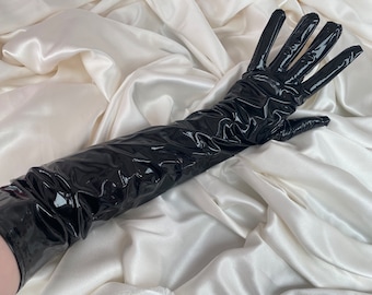 BLACK PATENT pvc vinyl gloves - steampunk gothic faux extreme length opera long glove fashion gloves prom drag cosplay gloves dominatrix