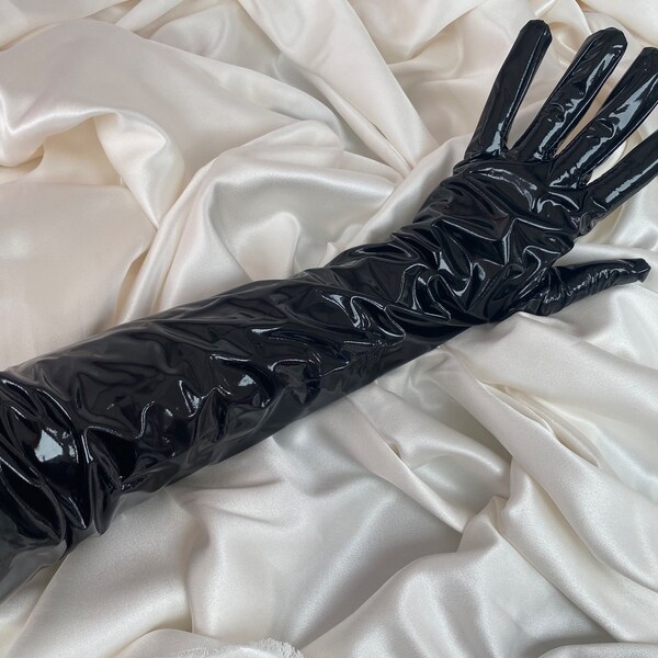 BLACK PATENT pvc vinyl gloves - steampunk gothic faux extreme length opera long glove fashion gloves prom drag cosplay gloves dominatrix