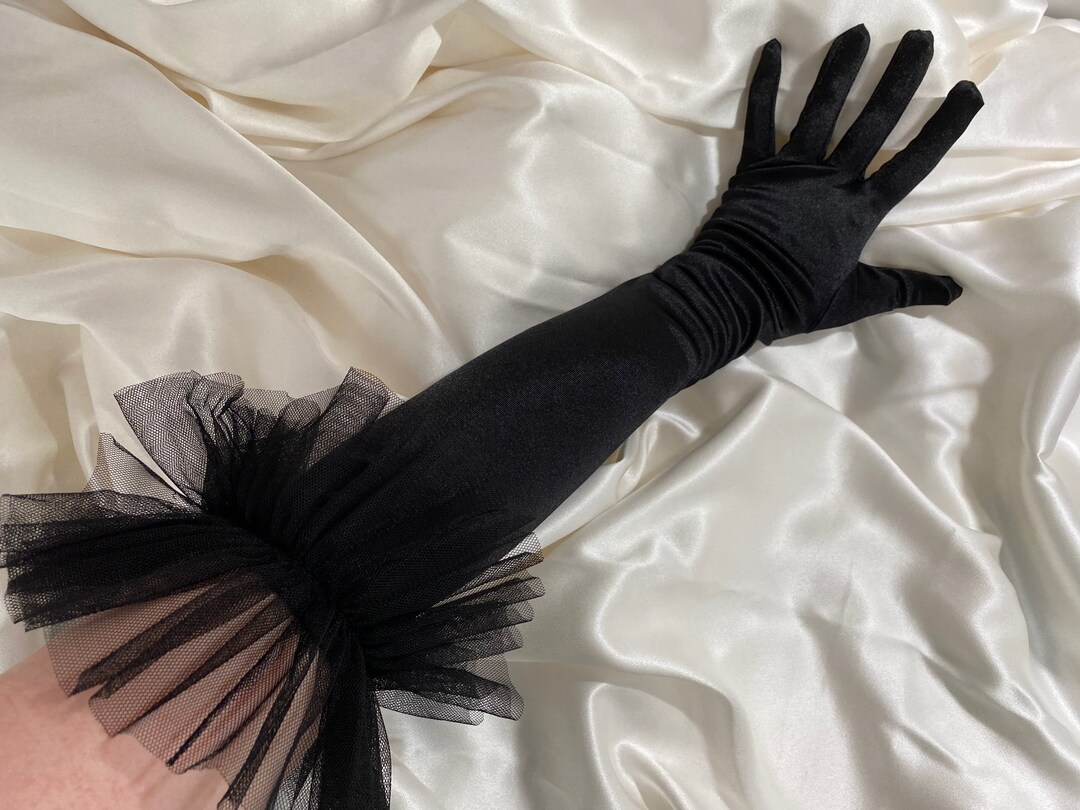 Statement Ruffle Black Satin Gloves Tutu Tulle on High Sheen Glove