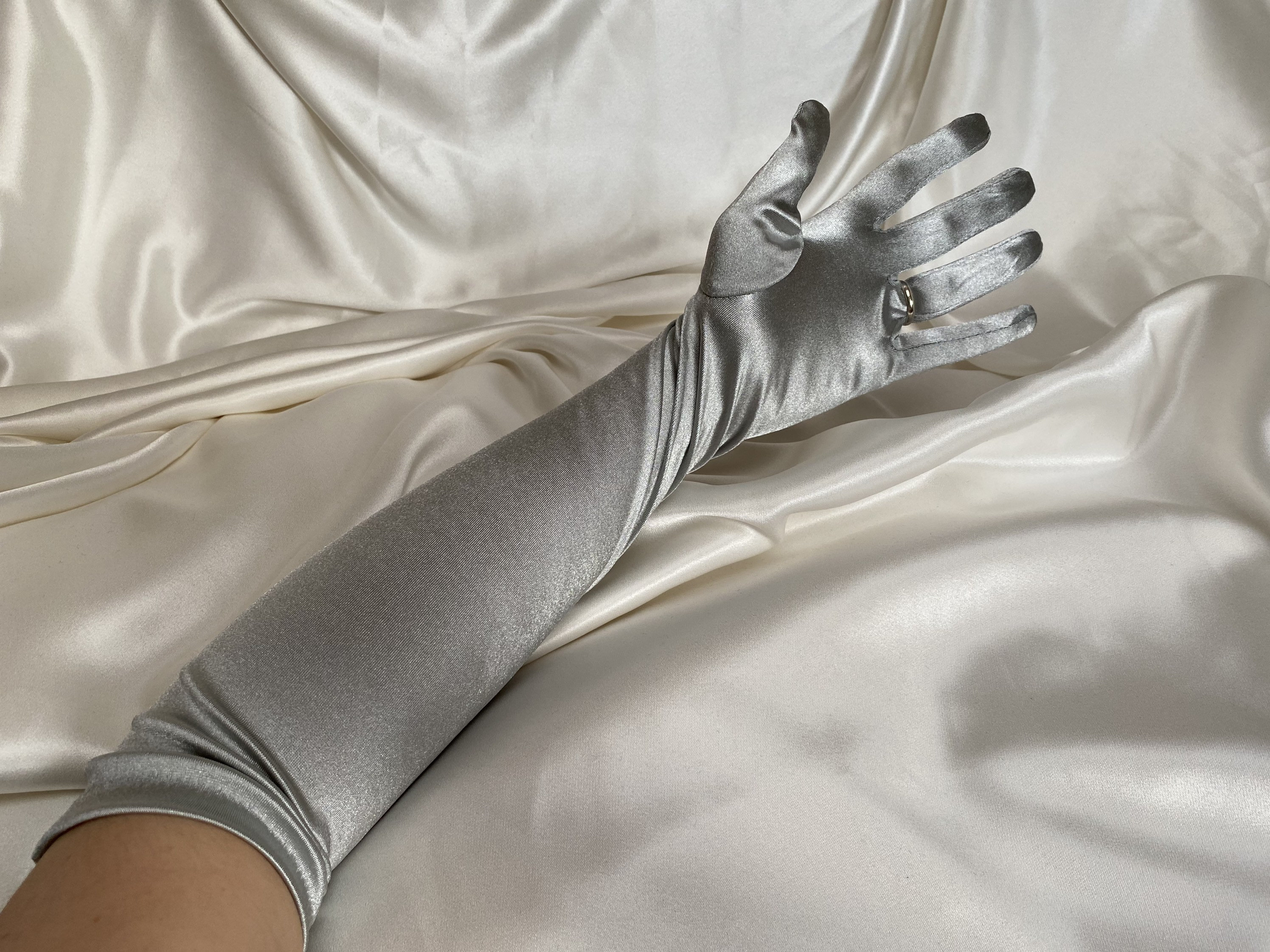 Grey satin gloves deals