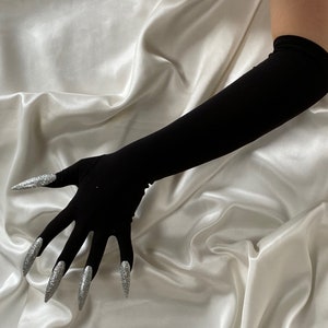 Extreme statement gothic MATTE BLACK nails performance drag singer elbow length bridal gloves, cosplay costume sexy gloves, party outfit image 8