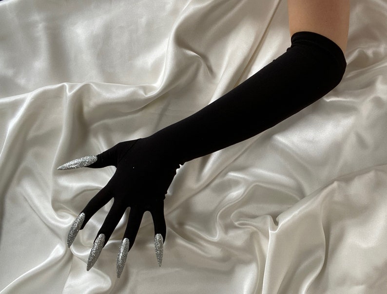 Extreme statement gothic MATTE BLACK nails performance drag singer elbow length bridal gloves, cosplay costume sexy gloves, party outfit image 8