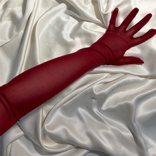 Gants semi-transparents bordeaux vin rouge sur des gants semi-transparents, longs gants de costume de cosplay de mariée tenue de fête de poule EVJF, collants habillés extensibles