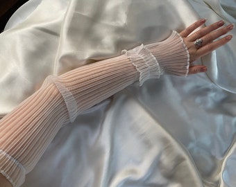 Kathleen WHITE PLISSE pleated ruffle sheer sleeve gloves, long fingerless gloves,  cosplay costume party outfit hen do bridal cute arm cover