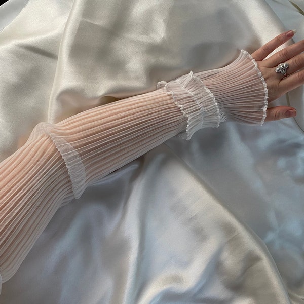Kathleen WHITE PLISSE pleated ruffle sheer sleeve gloves, long fingerless gloves,  cosplay costume party outfit hen do bridal cute arm cover