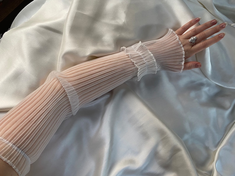Kathleen WHITE PLISSE pleated ruffle sheer sleeve gloves, long fingerless gloves, cosplay costume party outfit hen do bridal cute arm cover image 1