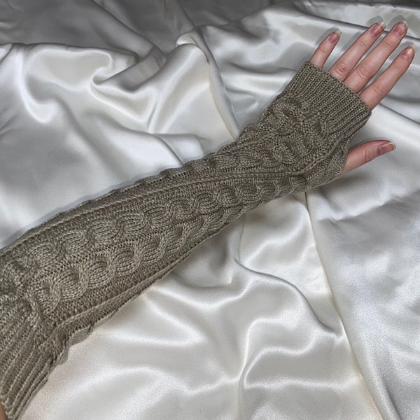 Knitted DARK BEIGE arm warmers cable knit fingerless thumb hole warm long sleeves winter gloves knit sleeve glove