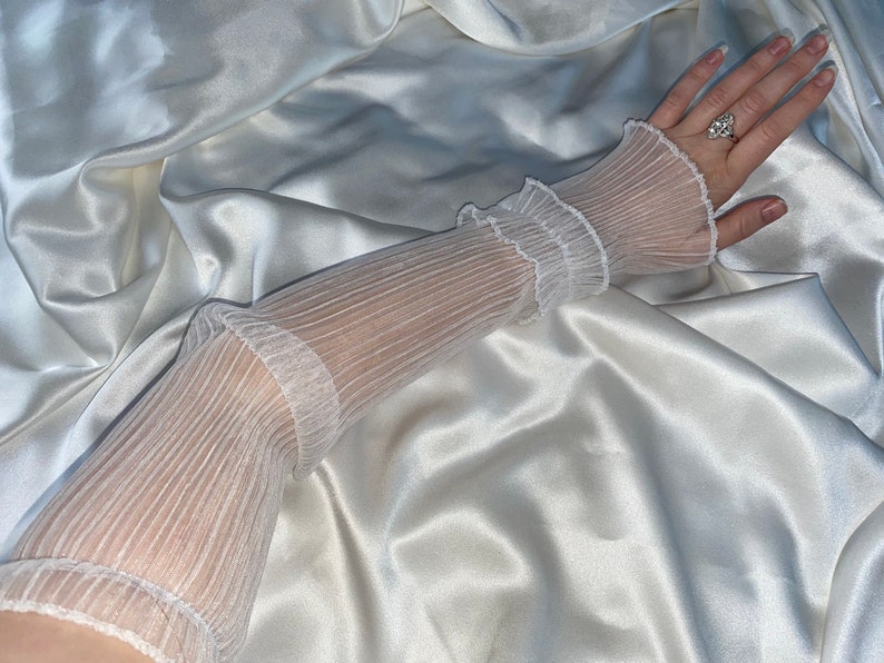 Kathleen WHITE PLISSE pleated ruffle sheer sleeve gloves, long fingerless gloves, cosplay costume party outfit hen do bridal cute arm cover image 4