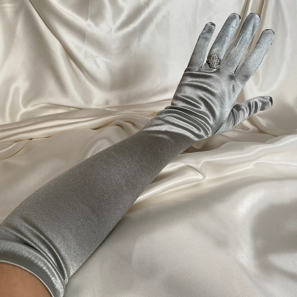 GANTS GRIS ARGENT longs opéra longueur coude satin brillant soyeux mariage poule faire mariée cosplay habiller gant mariée danse drag performance