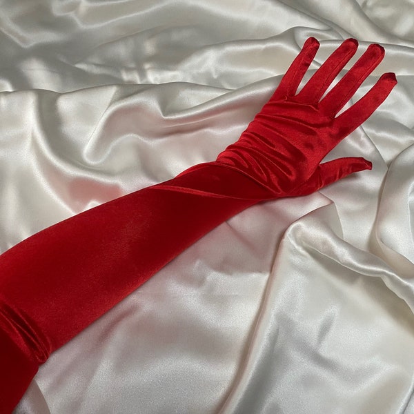 BRIGHT RED gloves extra long opera length elbow shiny satin silky wedding hen do bride cosplay dress up glove bridal dance drag performance