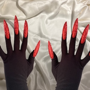 Renaissance RED GLITTER nail gloves, red faux nails on black matte gloves, tour inspired - drag concert cosplay glove