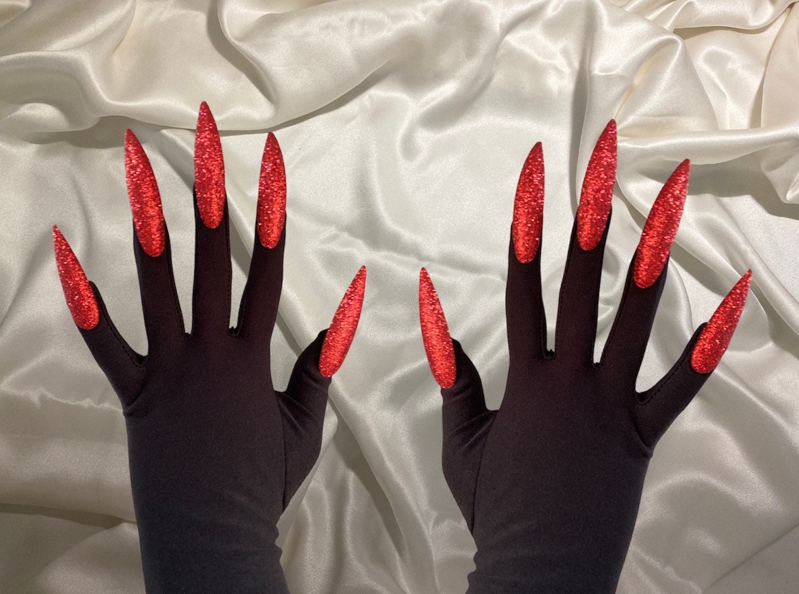 RED GLITTER nail gloves red faux nails on black matte gloves tour inspired drag concert cosplay glove