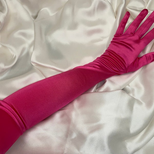 HOT PINK SATIN mid sheen long gloves opera length elbow shiny  satin silky wedding hen do bride to be cosplay dress up glove performance