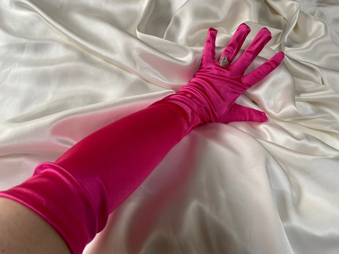 HOT PINK Gloves Extra Long Opera Length Elbow Shiny Satin Silky Wedding