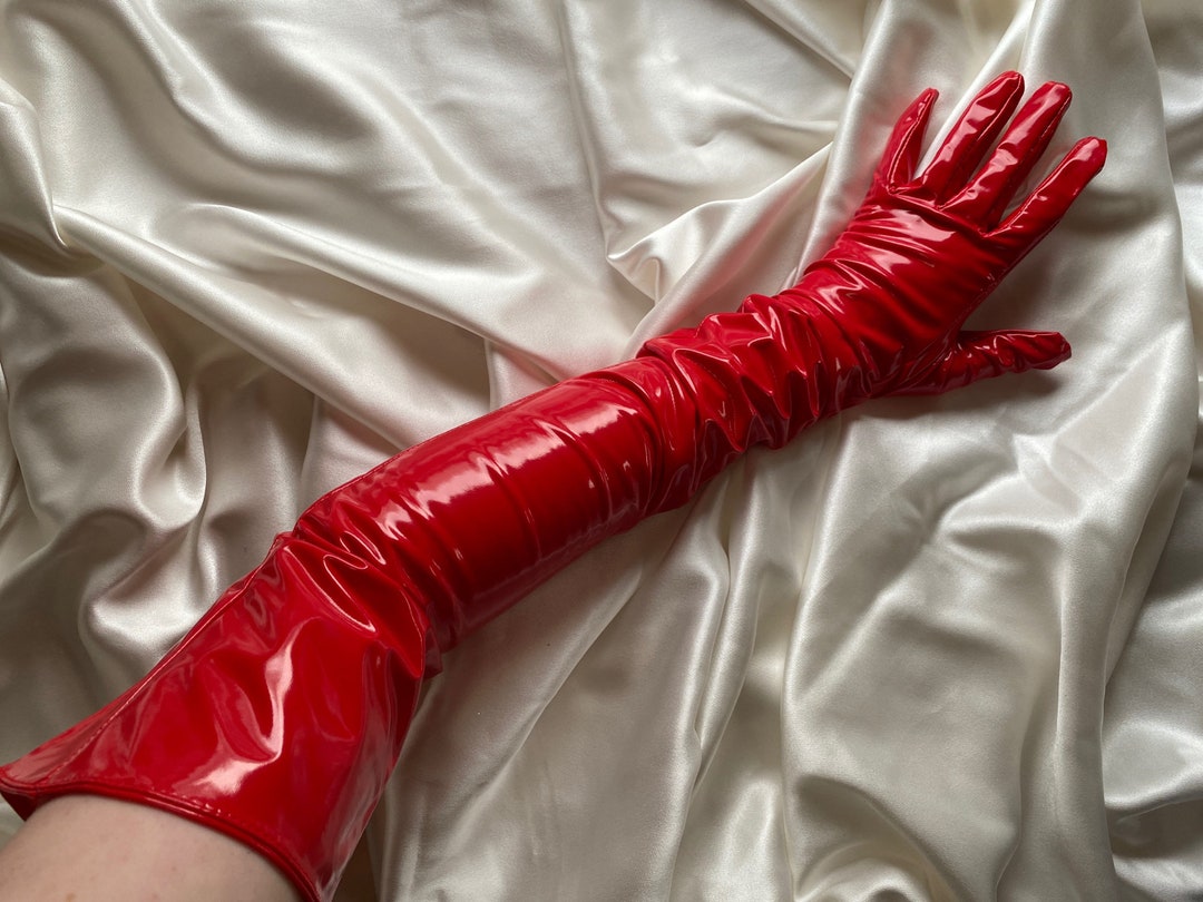 RED PATENT Pvc Vinyl Gloves Alt Patent Faux Leather Extreme Length