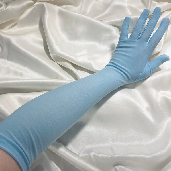 Gants longs lisses et doux bleu mat opéra longueur coude mariage poule faire la mariée pour être cosplay habiller gant de mariée bleu bébé pastel perform wow