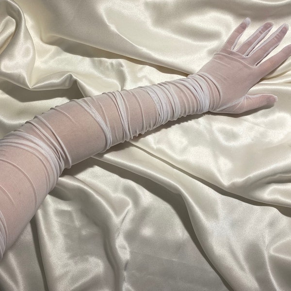 Ruched white extreme length over elbow length semi sheer gloves, very long bridal cosplay costume gloves dress tights stretch bride hen wow