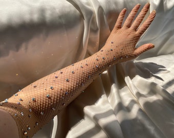 DIAMANTÉ FISHNET nude gloves drag performance singer opera length statement gloves, stocking gloves, cosplay costume sexy gloves, party