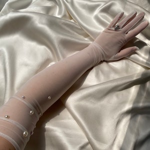 CLARA white semi sheer gloves with pearls opera over elbow length, wedding long bridal cosplay costume gloves party outfit hen do dress tigh