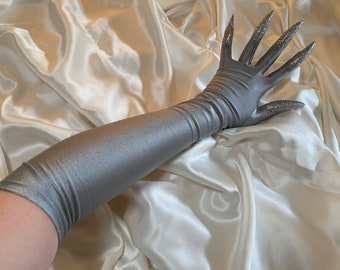 Extreme statement glitter goth SILVER GREY nails performance drag singer elbow length bridal gloves cosplay costume sexy gloves party outfit