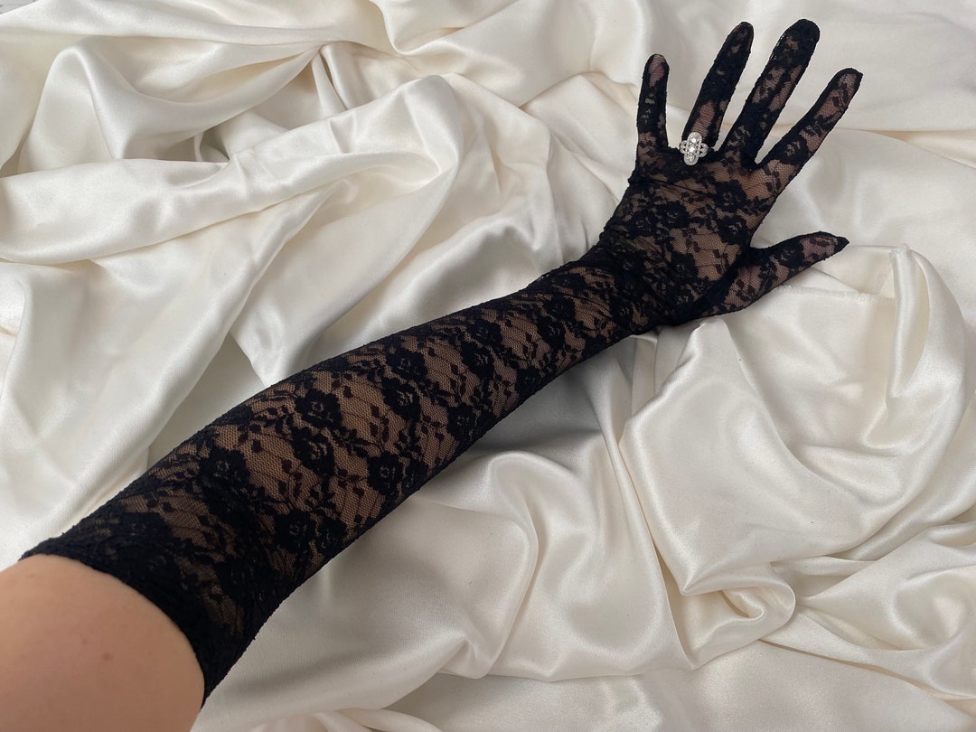DELICATE BLACK LACE Gloves Opera Length Floral Lace Gloves Black Lacey