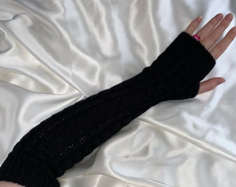 Knitted black arm warmers cable knit fingerless thumb hole warm long sleeves winter gloves gothic cozy knit sleeves gloves covers