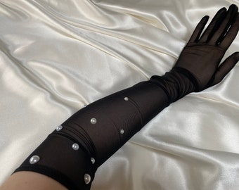 Perle noire opéra sur des gants semi-transparents longueur coude, longs gants de costume de cosplay de mariée tenue de soirée entre filles robe de bal de promo stretch