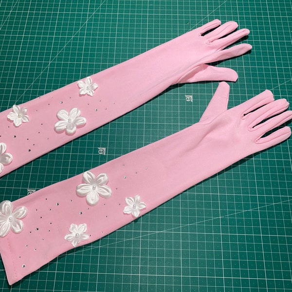 3D FLOWER DIAMANTÉ matte pink smooth soft long gloves opera length elbow wedding hen do bride to be cosplay dress up glove bridal perform