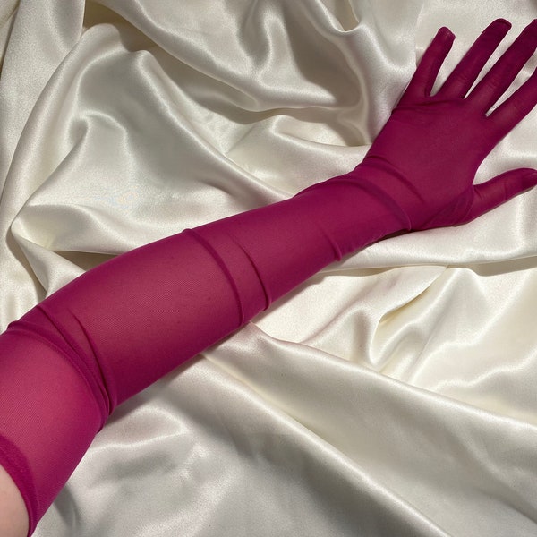 RASPBERRY PINK opera over elbow length semi sheer gloves, long rave disco cosplay costume gloves hen party outfit hen do dress tight stretch