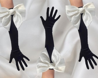 White 3D bow on black velvet gloves, satin big bow gloves long, opera length statement glove, Hollywood style party wedding drag glamorous