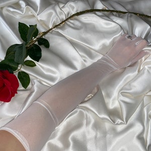 CLARA White Semi Sheer Gloves With Pearls Opera Over Elbow - Etsy