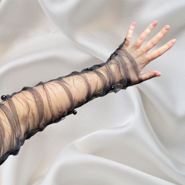 BLACK TULLE ruched pearl bride sleeve gloves extra long arm cover, sheer mesh hen do, pearl bridal fingerless gloves gothic wedding opera