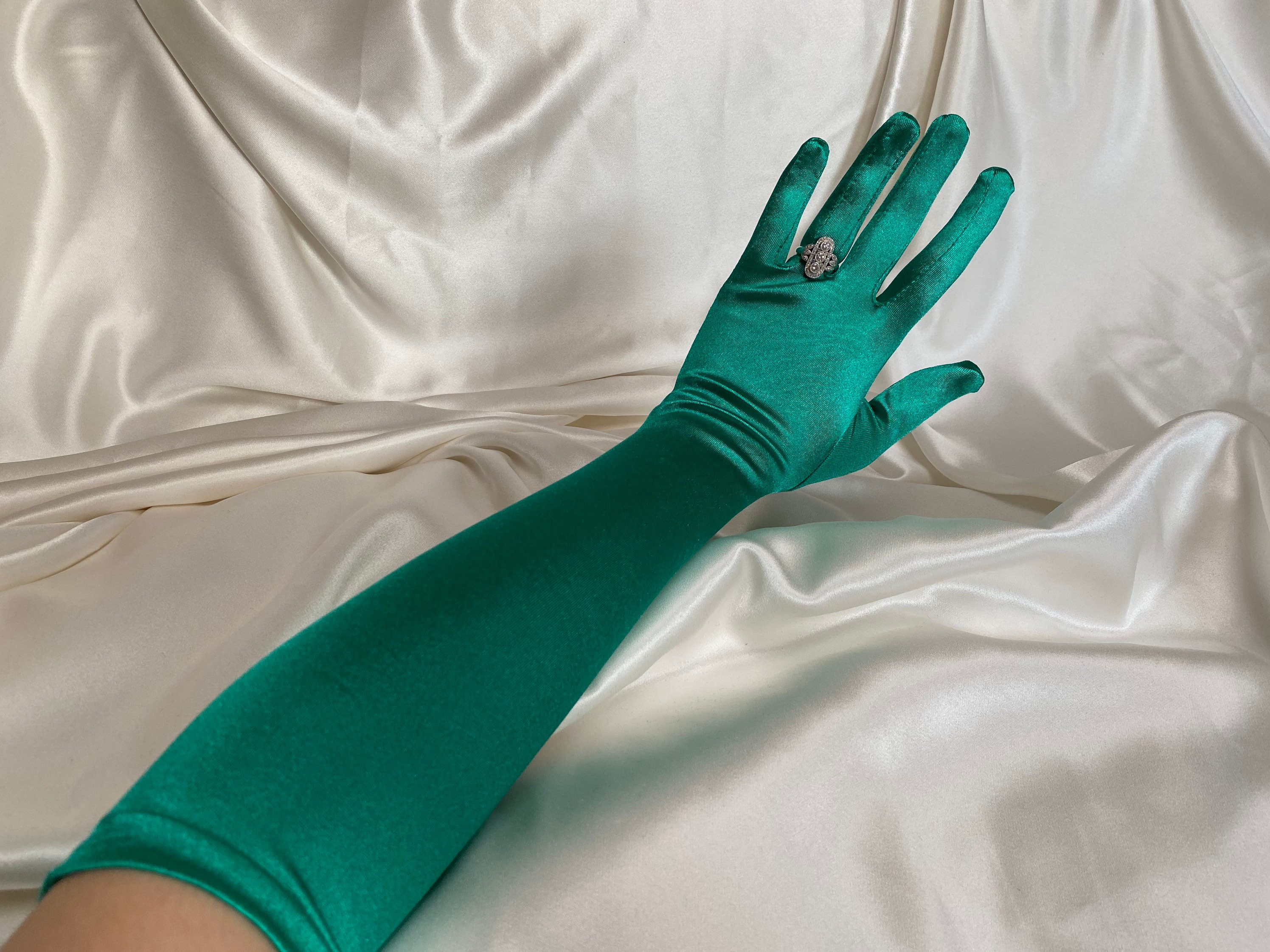 EMERALD GREEN Gloves Long Opera Length Elbow Shiny Satin Silky Etsy UK