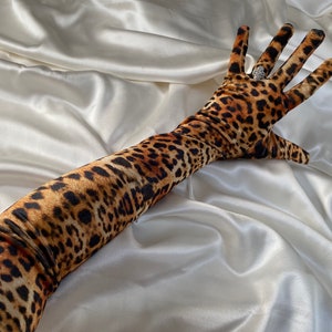 LEOPARD PRINT velvet opera over elbow length gloves, animal pattern long cosplay costume statement gloves hen party outfit hen do dress up