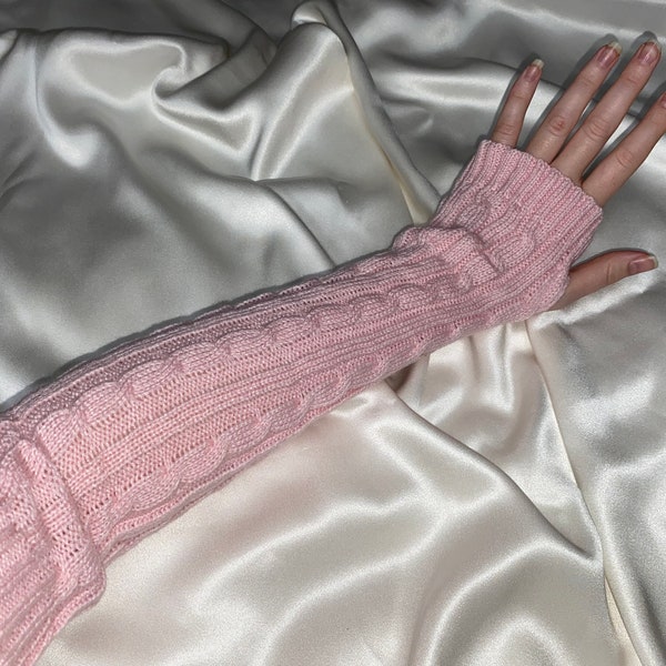 Knitted LIGHT PINK arm warmers cable knit fingerless thumb hole warm long sleeves winter gloves knit sleeve glove