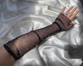 Long Plain Black Mesh Gloves - Etsy