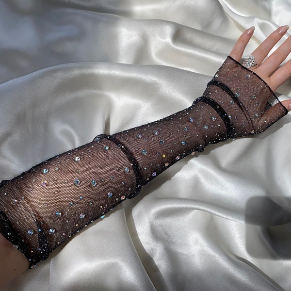 DIAMANTÉ BLACK glitter mesh sleeve gloves, long fingerless gloves, sheer cosplay costume gloves party outfit gothic goth cute arm cover