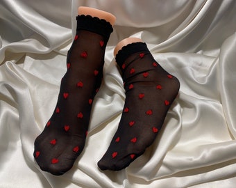 Women’s black red heart mesh socks, fashion sock, lingerie thin sheer socks hosiery, high end fashion trending one size gothic cute