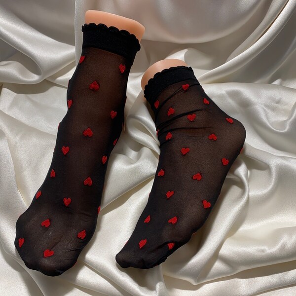 Women’s black red heart mesh socks, fashion sock, lingerie thin sheer socks hosiery, high end fashion trending one size gothic cute