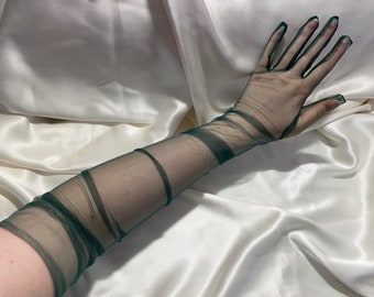 DARK GREEN tulle opera length mesh bridal gloves, long bridal gloves, sheer cosplay costume glove, hen party outfit hen do wedding dance