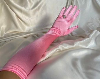 BUBBLEGUM PINK gloves long opera length elbow shiny satin silky wedding hen do bride cosplay dress up glove bridal dance drag performance