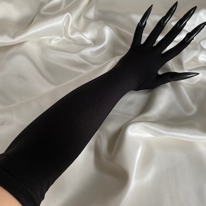 Extreme statement gothic MATTE BLACK nails performance drag singer elbow length bridal gloves, cosplay costume sexy gloves, party outfit image 1