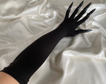 Extreme statement gothic MATTE BLACK nails performance drag singer elbow length bridal gloves, cosplay costume sexy gloves, party outfit